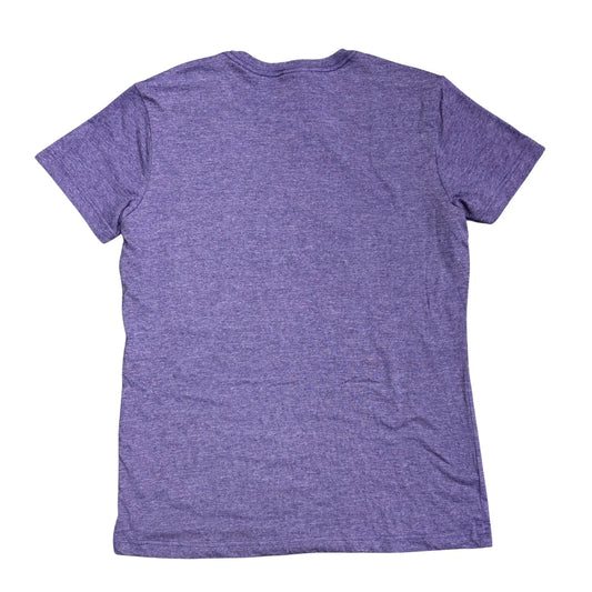 Back of purple t-shirt on a white background