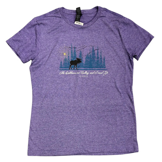 Purple t-shirt with a graphic design of a moose and nature elements 