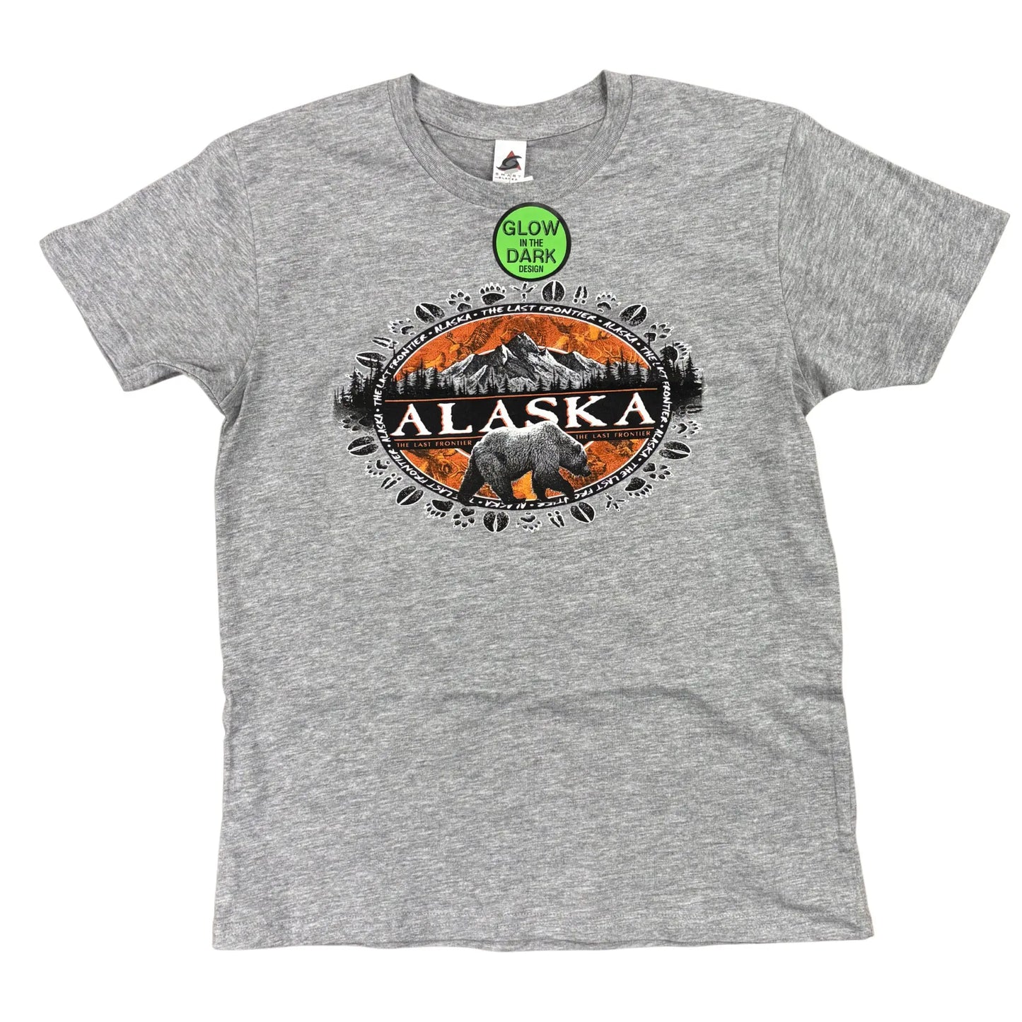 Gray t-shirt with 'Alaska' graphic design featuring a bear and mountains