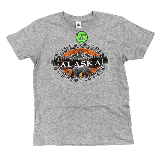 Gray t-shirt with 'Alaska' graphic design featuring a bear and mountains