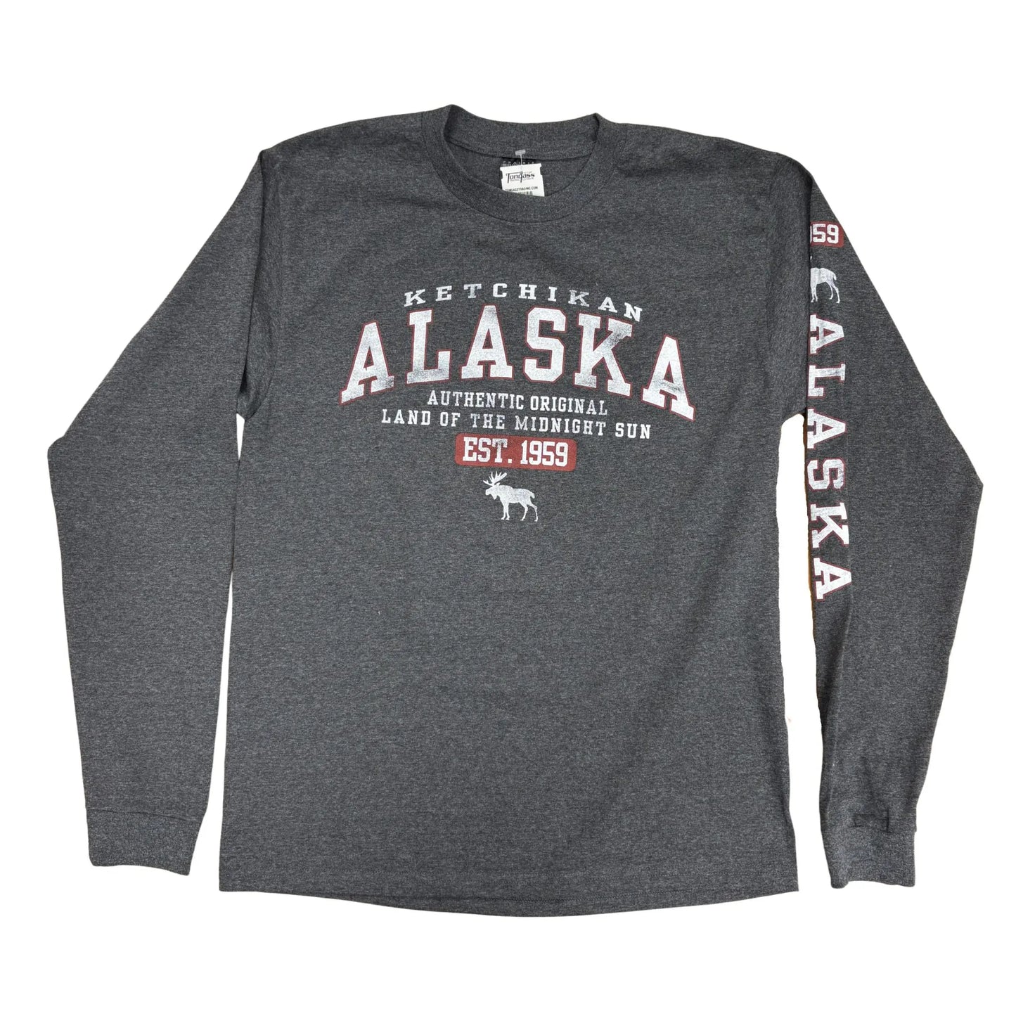 Grey long sleeve with Ketchikan Alaska text and a moose graphic
