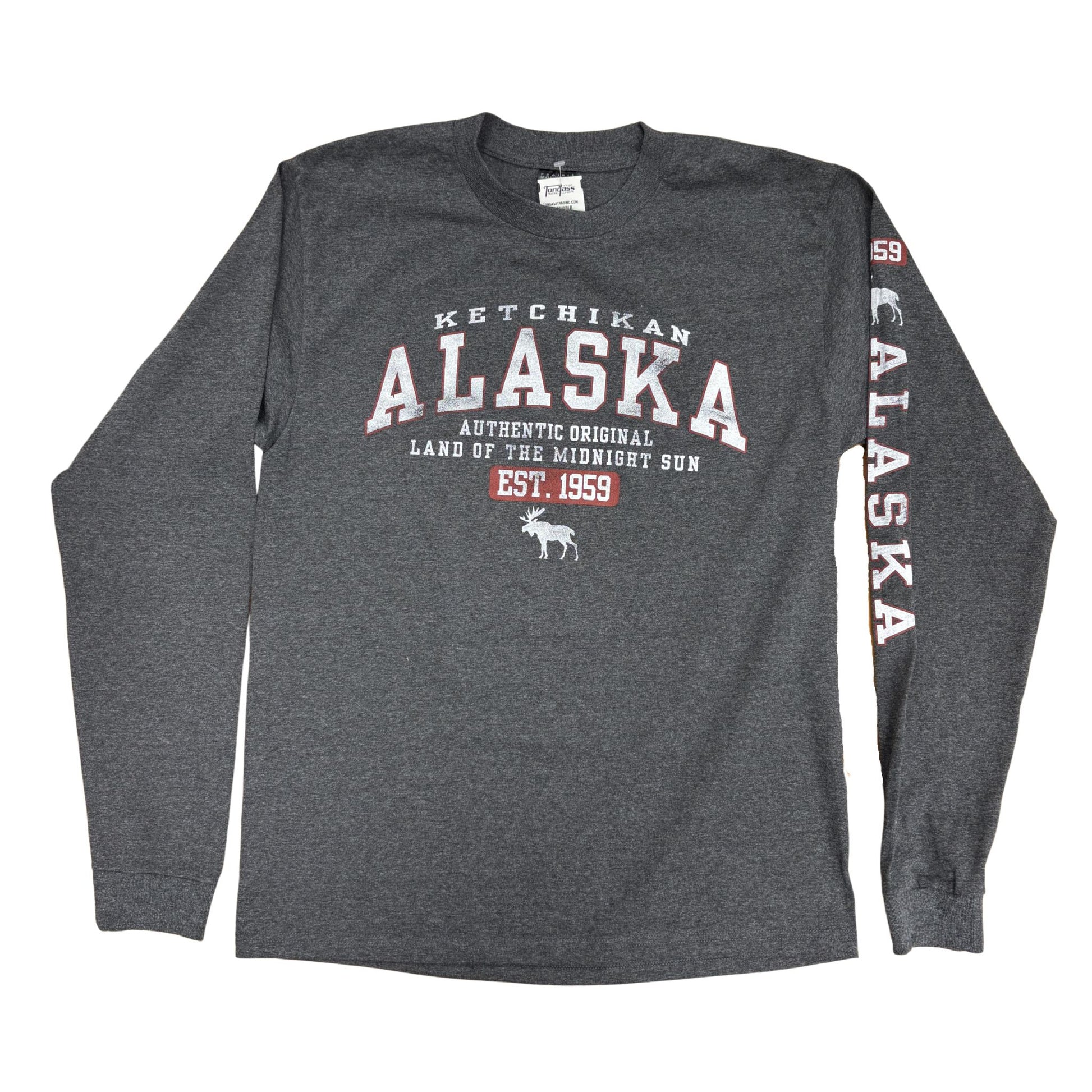 Gray long-sleeve shirt with Alaska-themed design 