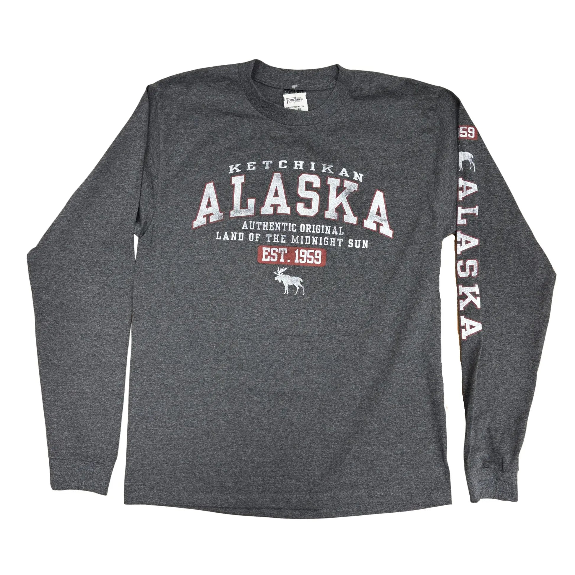 Grey long sleeve with Ketchikan Alaska text and a moose graphic