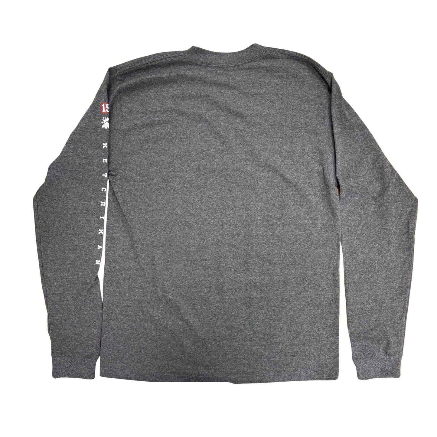 Gray long-sleeve shirt with a brand logo on the sleeve against a white background