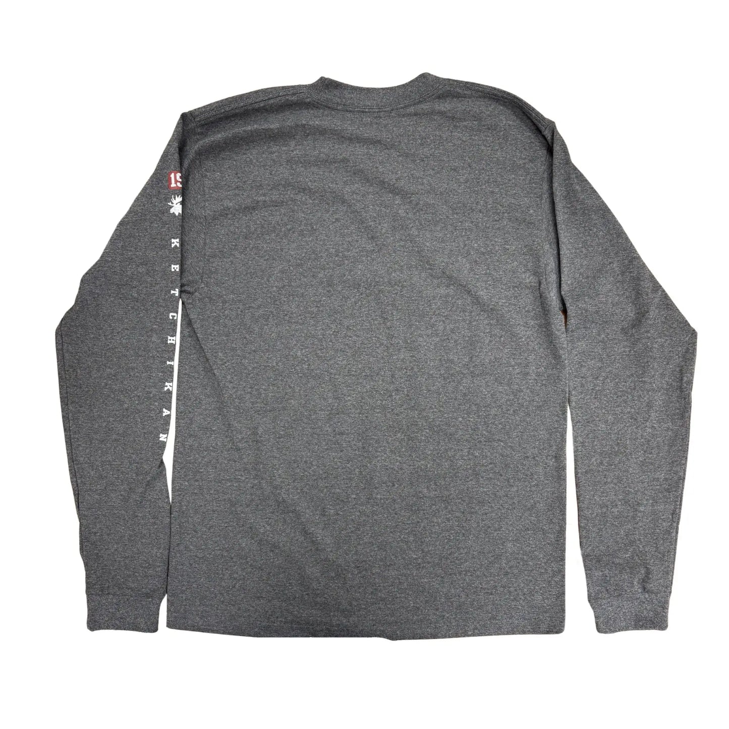 Back view of gray long sleeve with Ketchikan text on sleeve