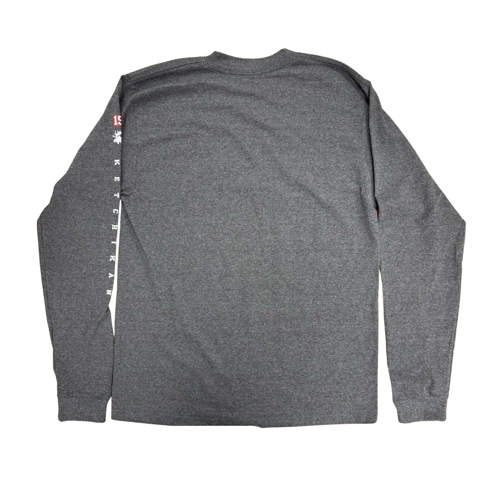 Back view of gray long sleeve with Ketchikan text on sleeve