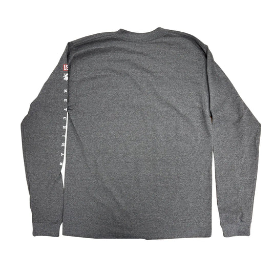 Back view of gray long sleeve with Ketchikan text on sleeve