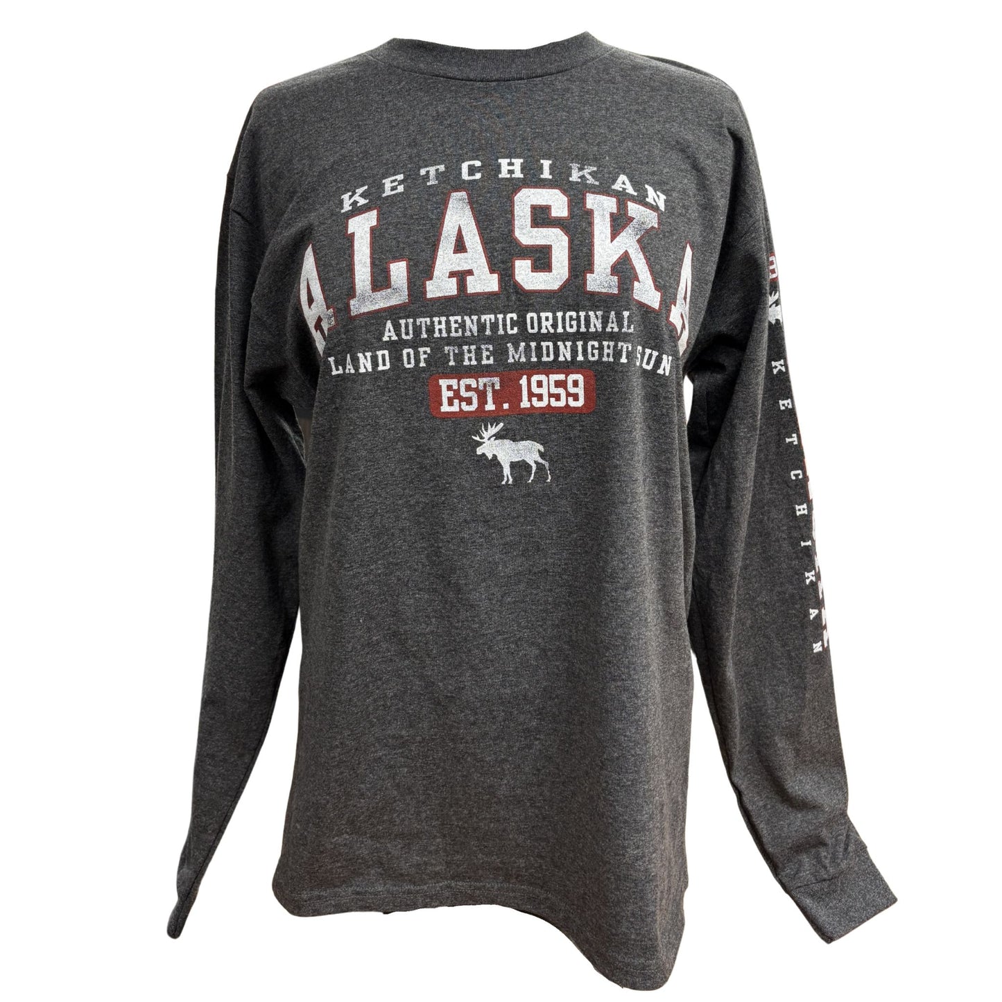 Gray long-sleeve shirt with Alaskan text and graphics on a white background