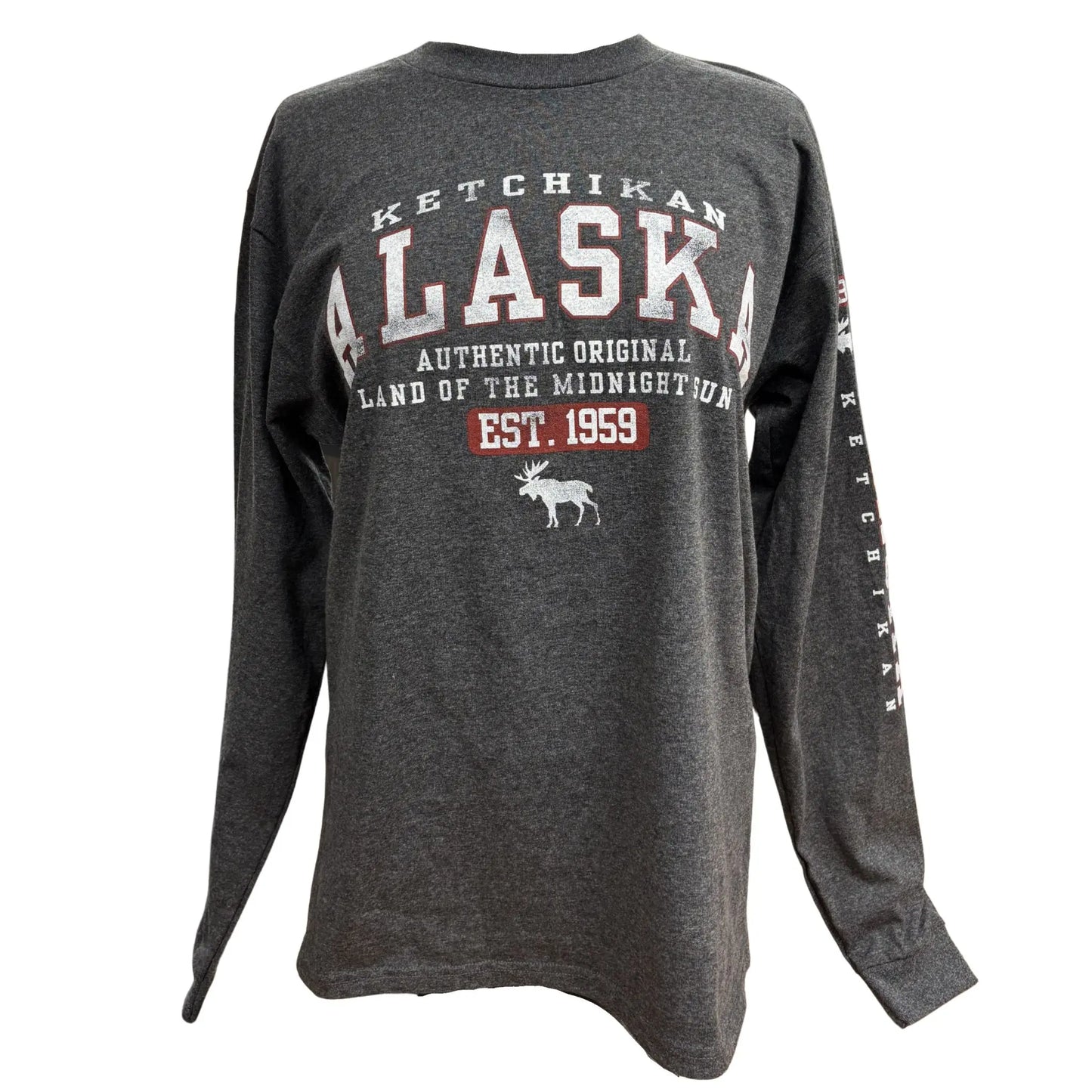 Grey long sleeve with Ketchikan Alaska text and a moose graphic