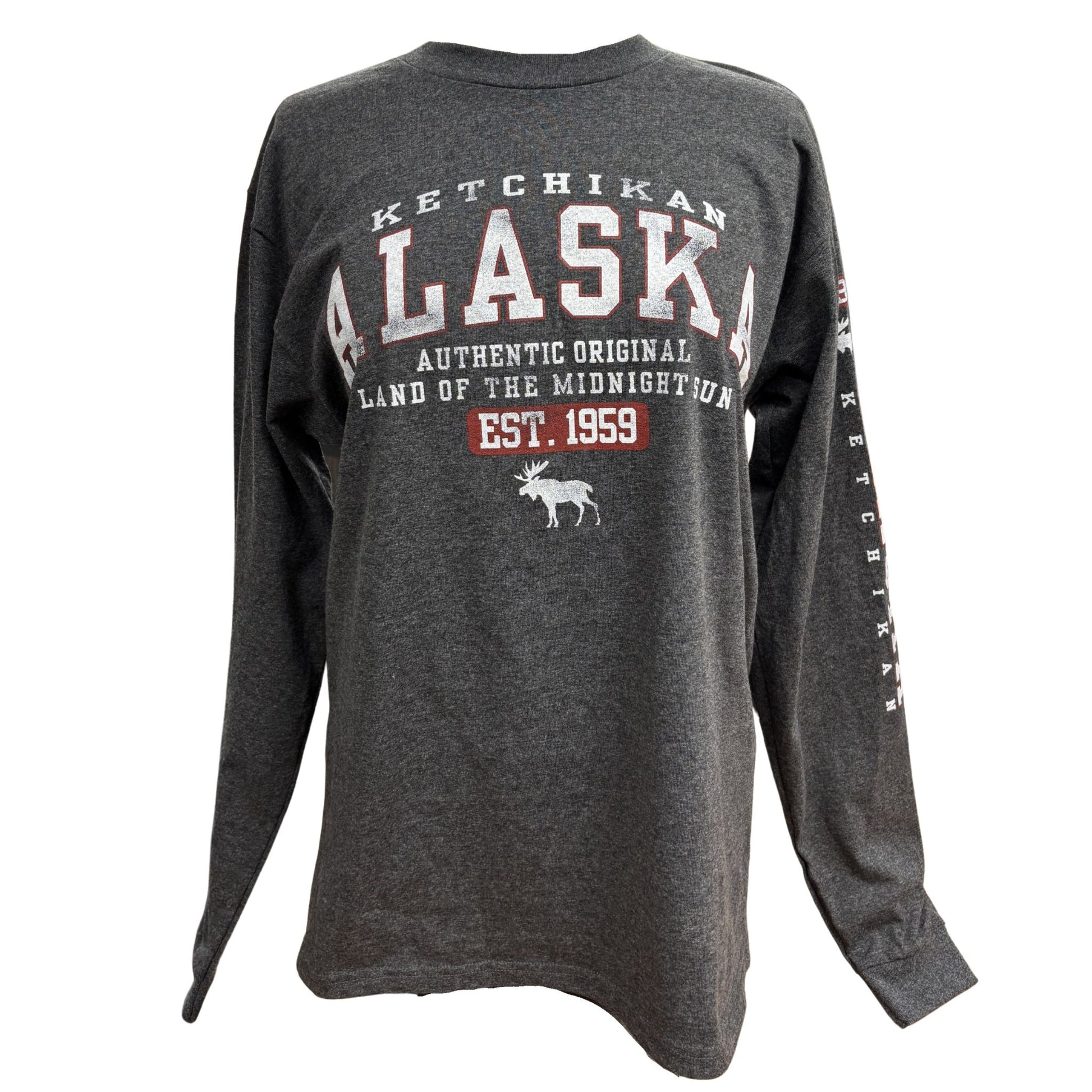 Gray long-sleeve shirt with Alaskan text and graphics on a white background