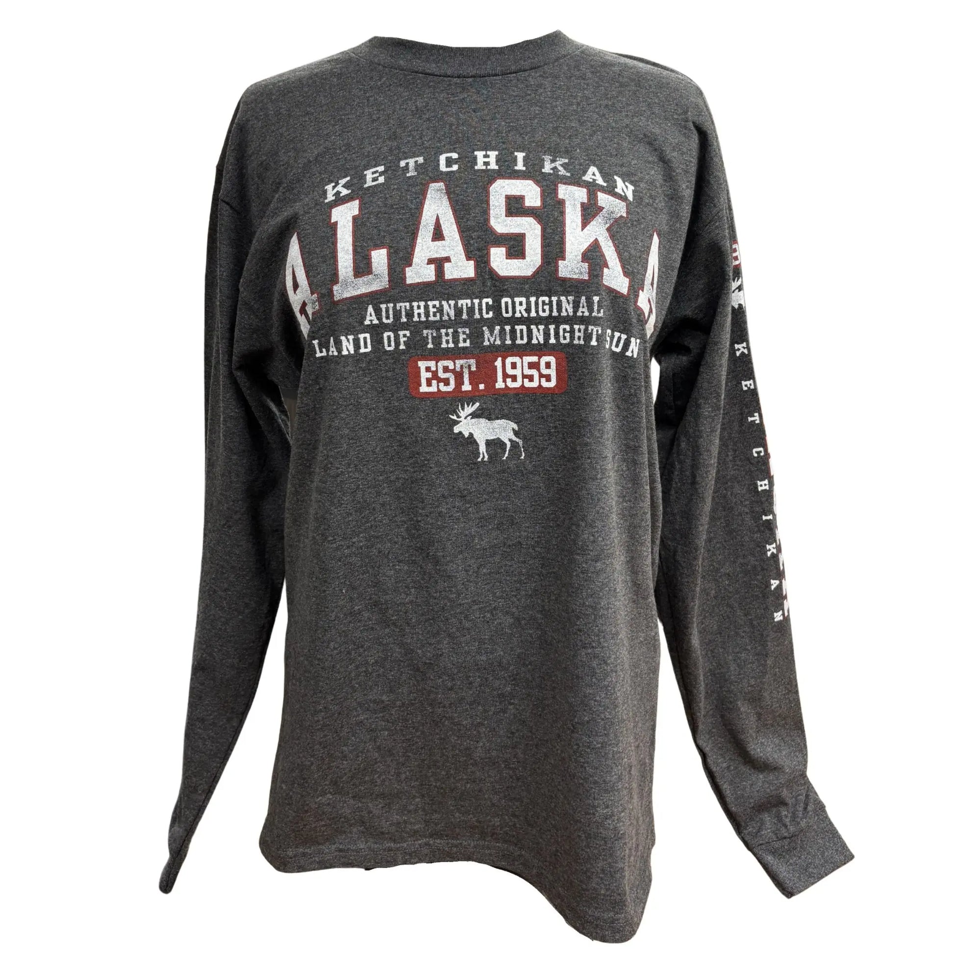 Grey long sleeve with Ketchikan Alaska text and a moose graphic