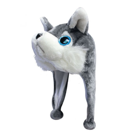 Plush wolf hat with gray and white fur on a white background