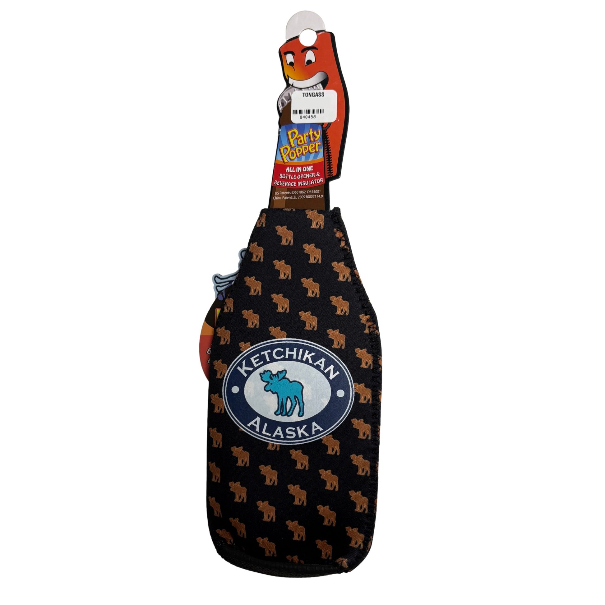 Ketchikan Alaska bottle cooler with a moose pattern on a white background