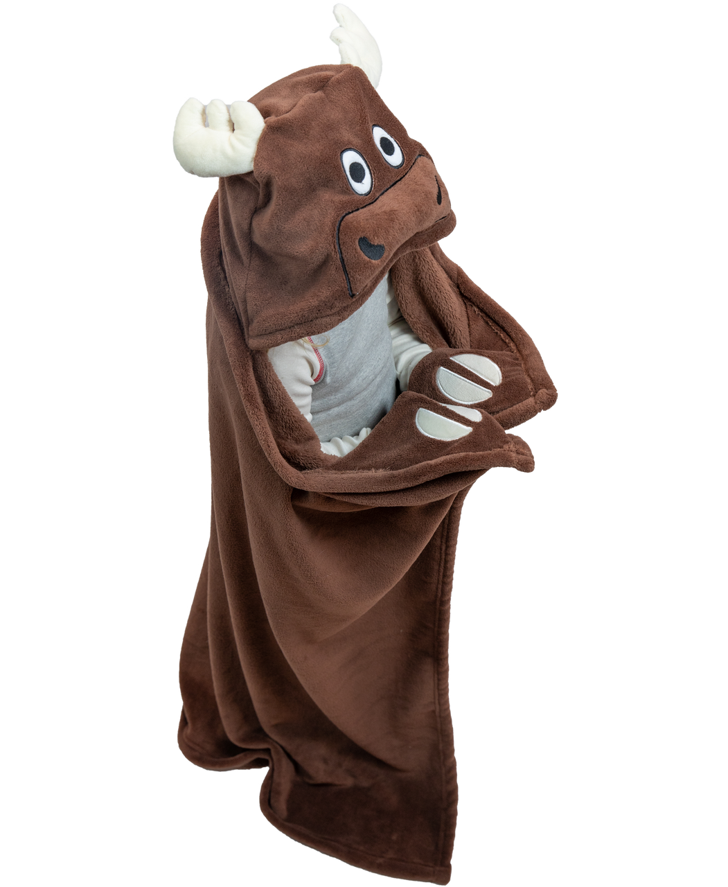Brown moose character blanket with white accents on a white background worn by a kid