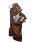 Brown moose character blanket with white accents on a white background worn by a kid