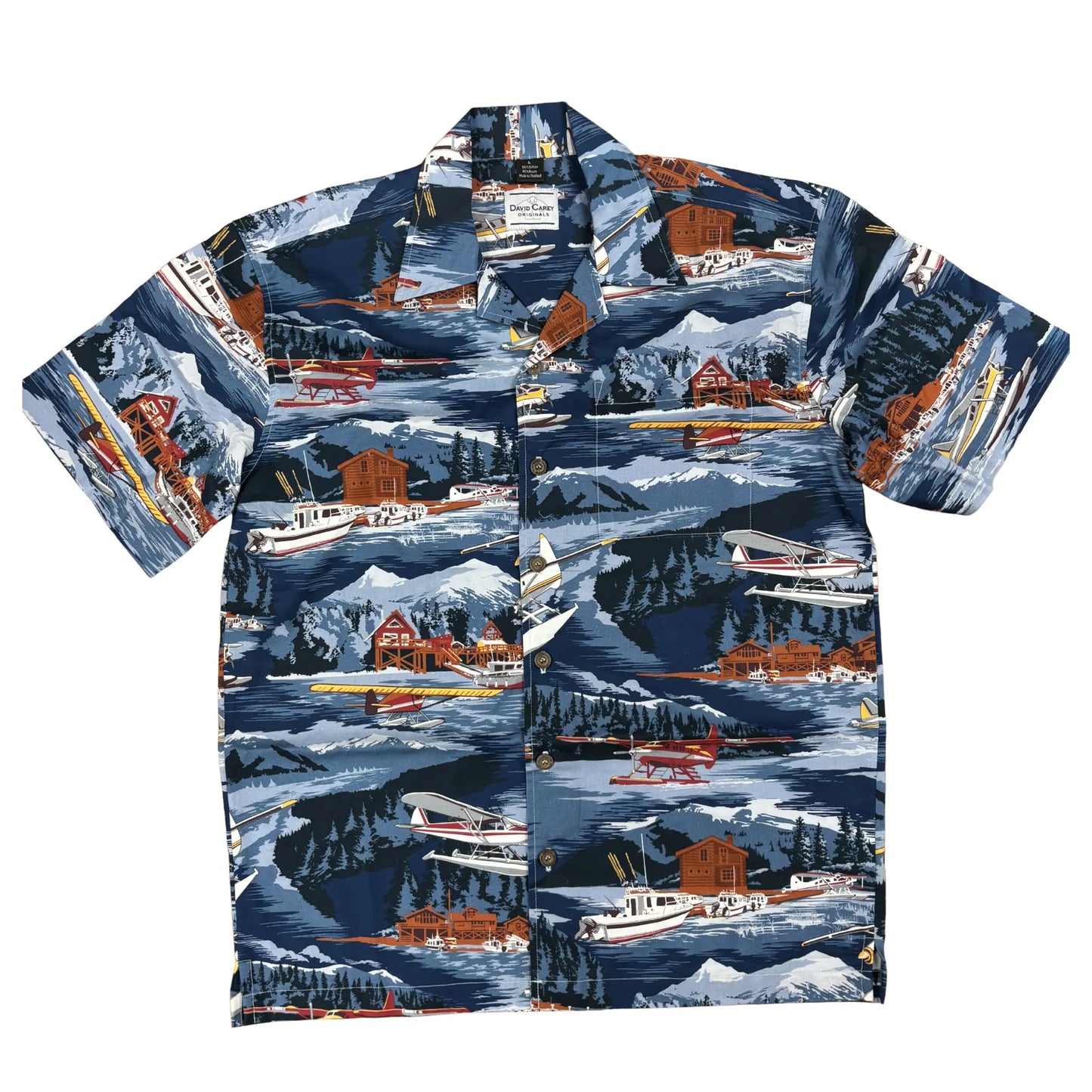 Alaska Hawaiian shirt with a mountain, float plane, and cabin pattern