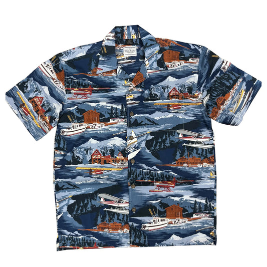 Alaska Hawaiian shirt with a mountain, float plane, and cabin pattern
