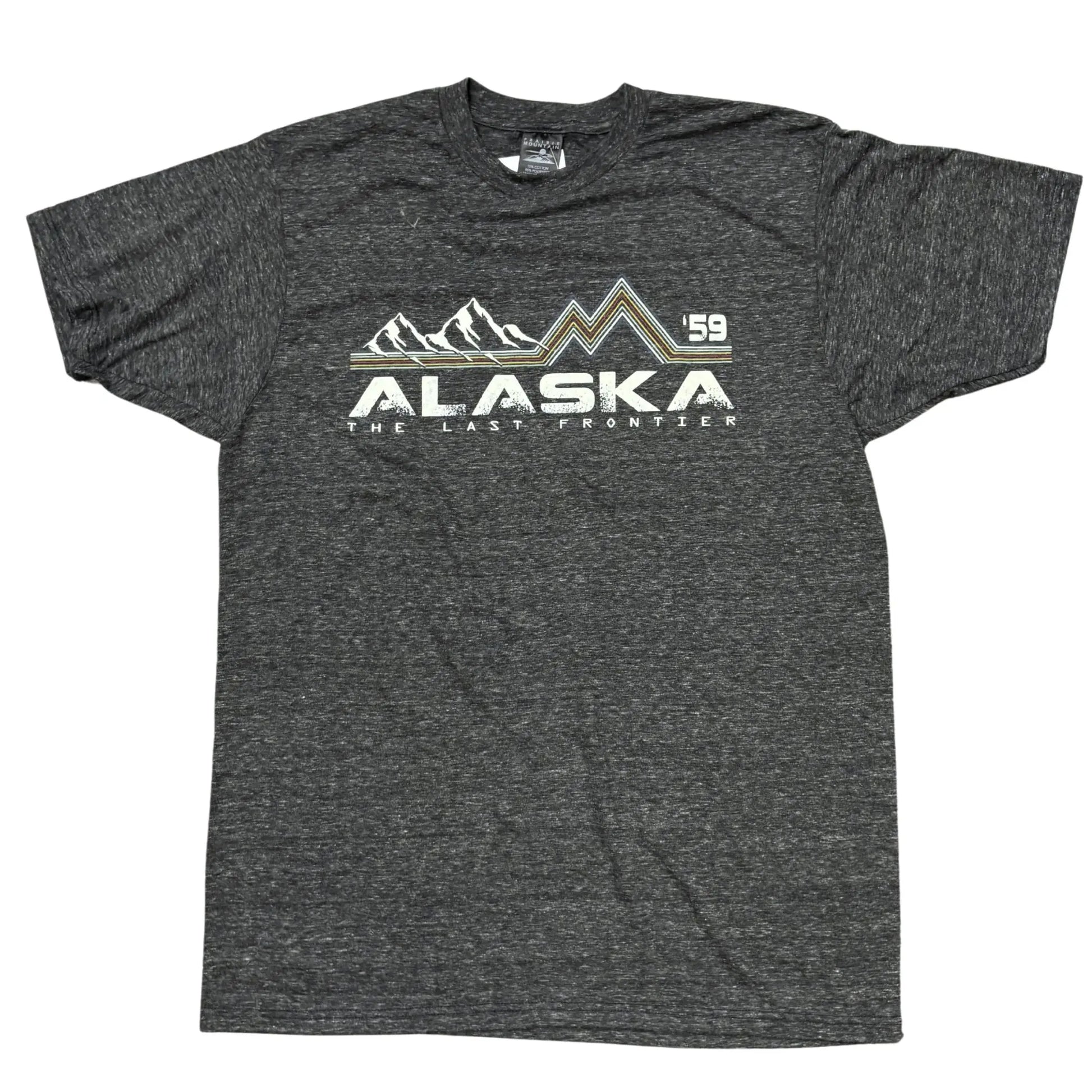 Gray t-shirt with 'Alaska The Last Frontier' graphic on a white background