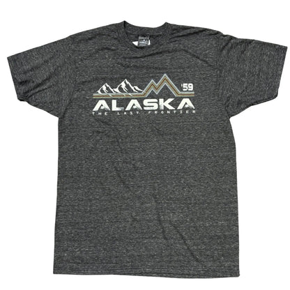 Gray t-shirt with 'Alaska The Last Frontier' graphic on a white background