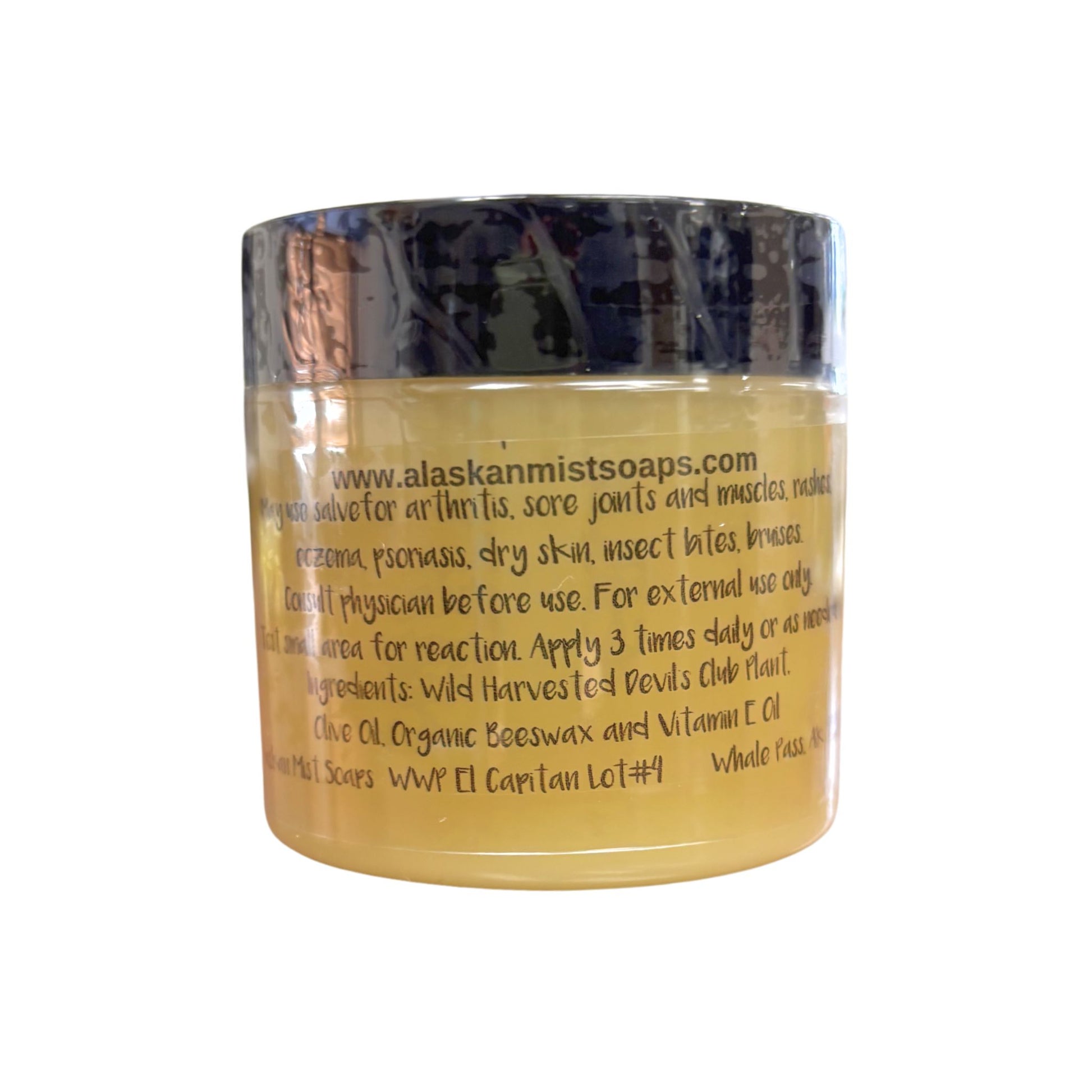 Back of devil's club salve container with ingredients and use cases