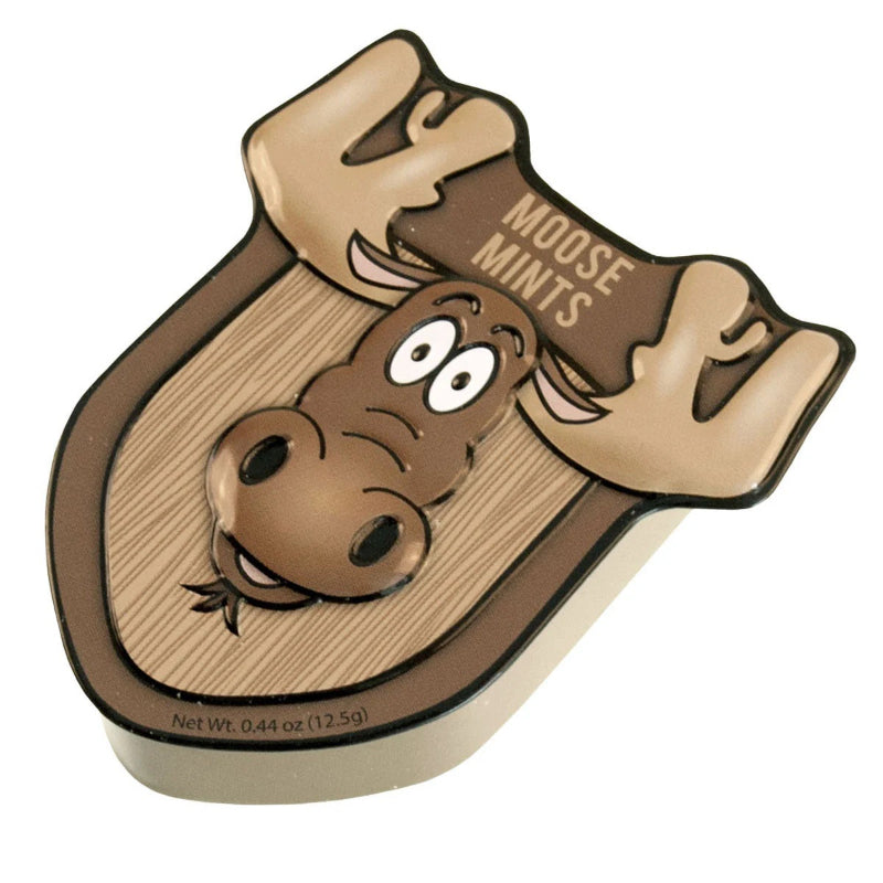 Moose-shaped mint container with 'Moose Mints' text on a white background