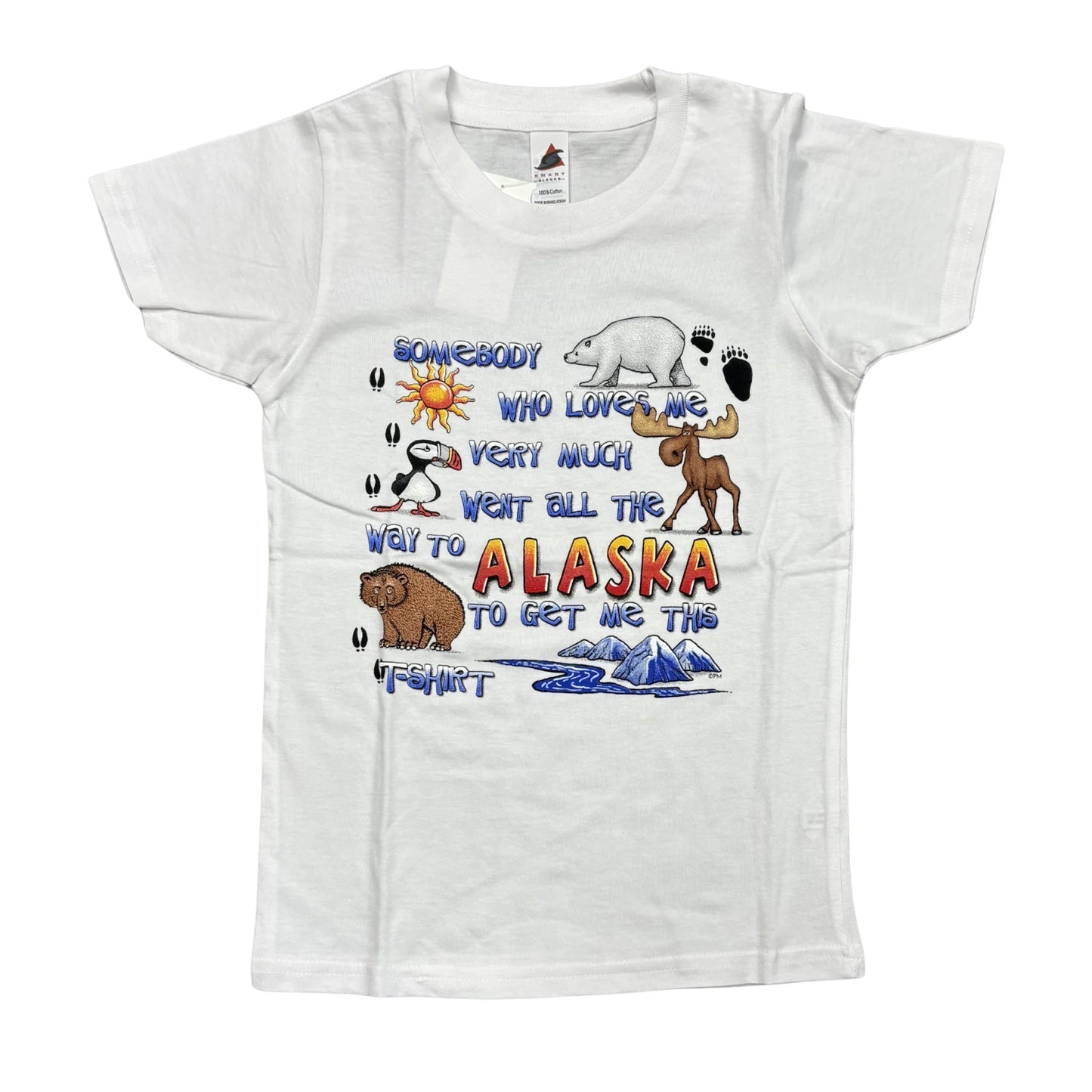 White Alaska t-shirt with colorful graphics and text on a white background