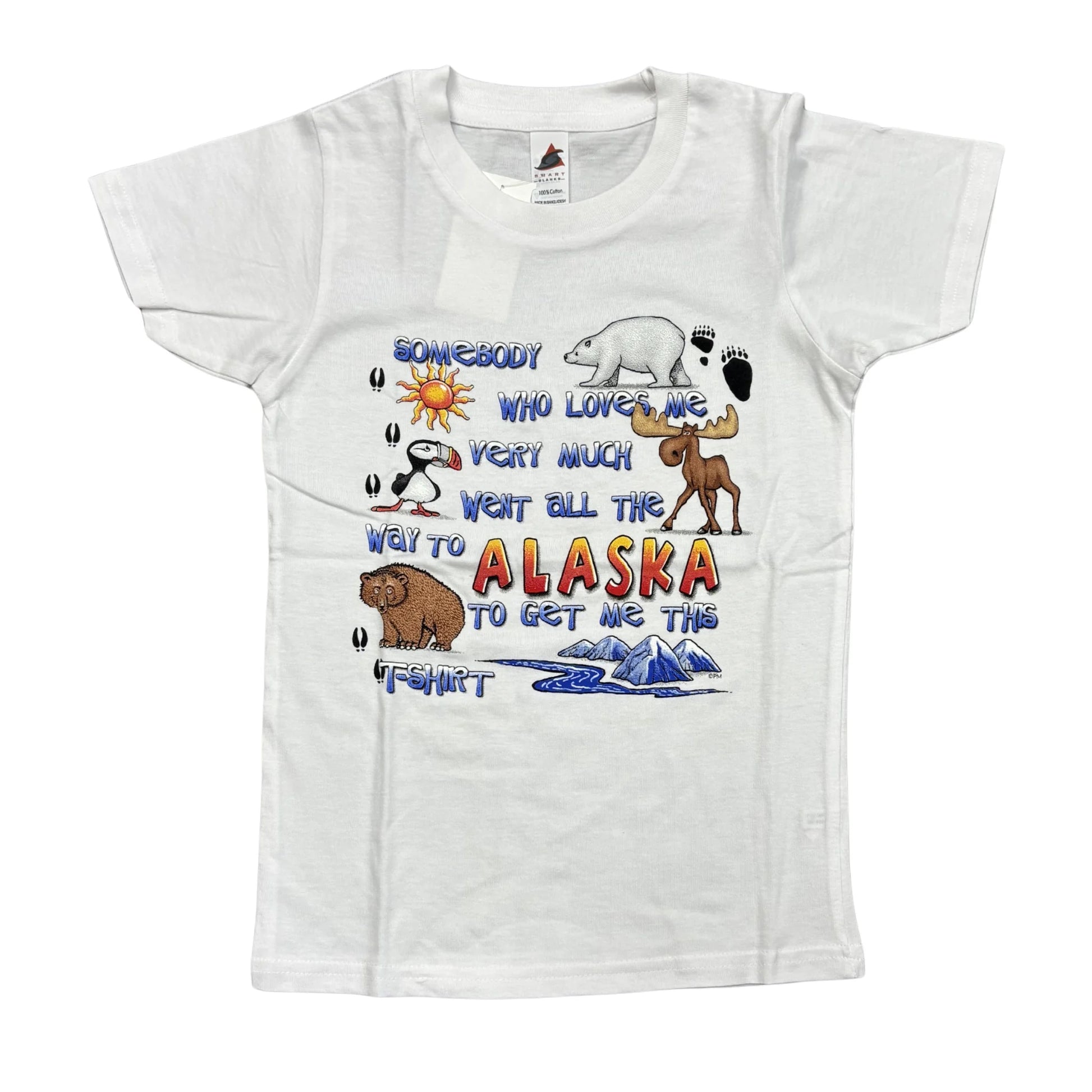 White Alaska t-shirt with colorful graphics and text on a white background
