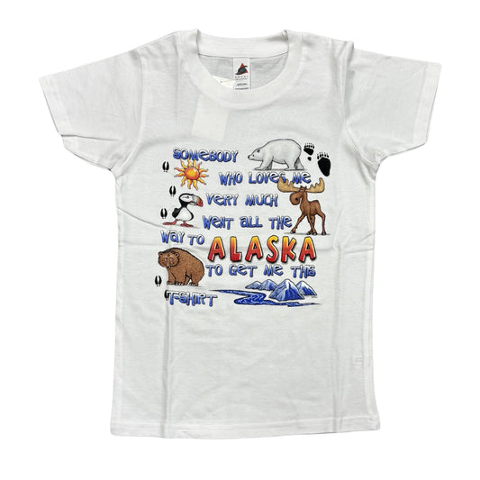 White Alaska t-shirt with colorful graphics and text on a white background