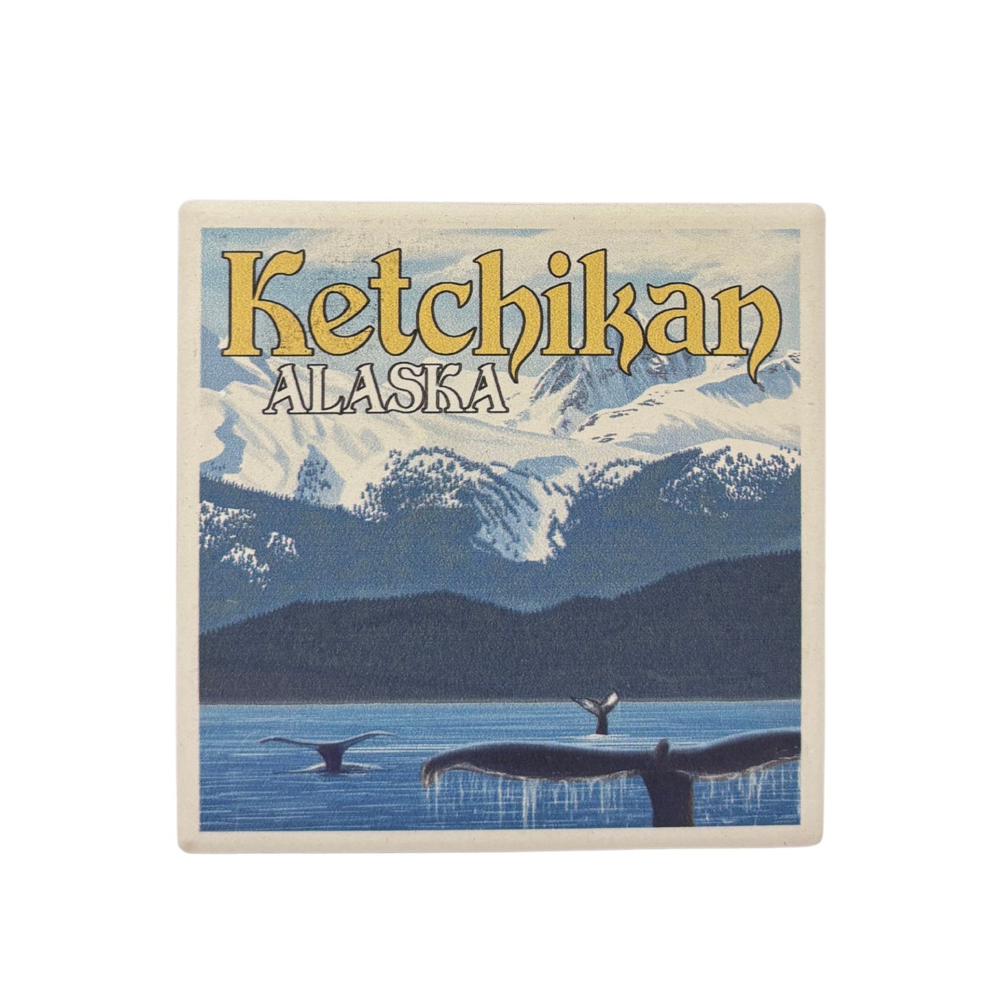 Coaster with 'Ketchikan Alaska' text and whale tails in water 