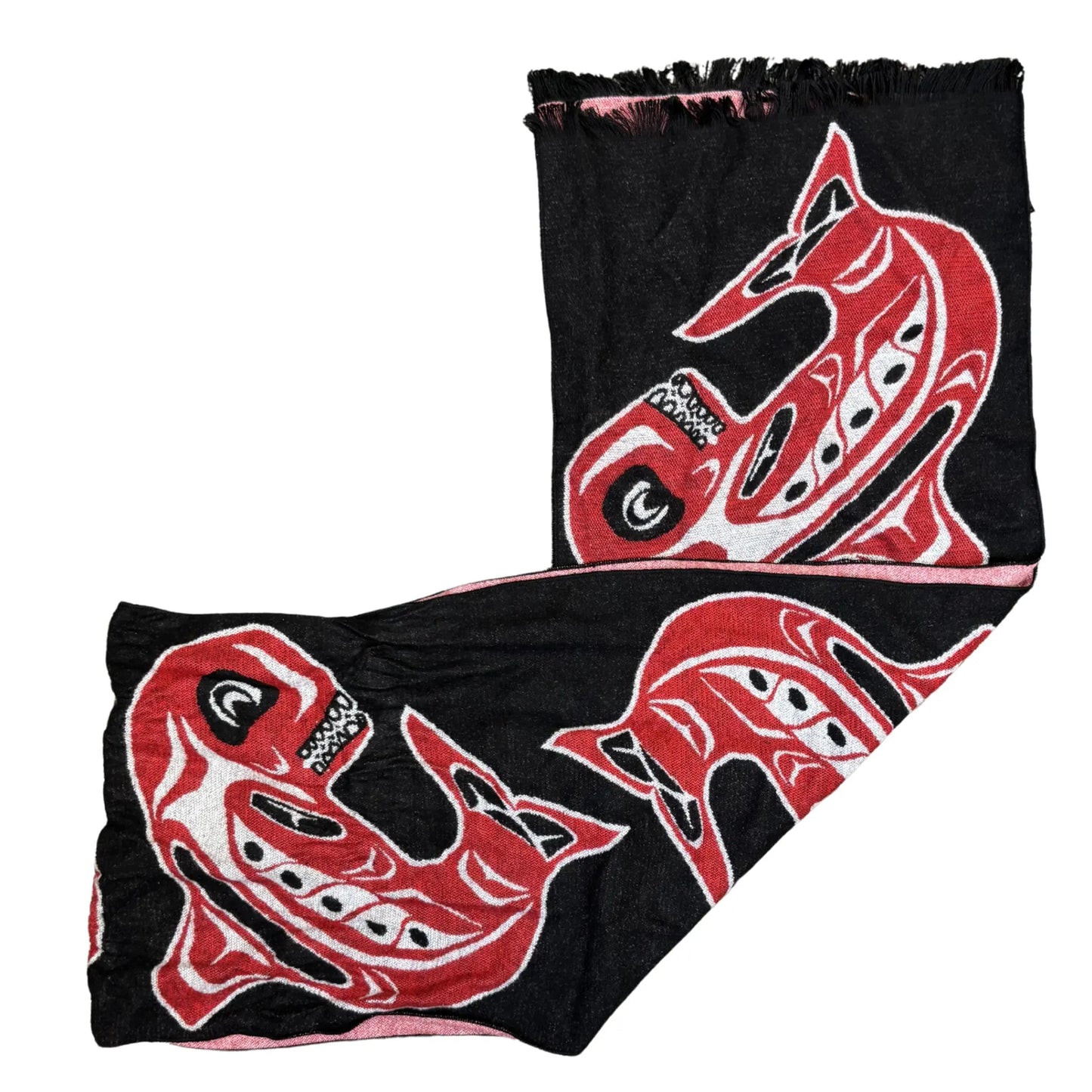 Black scarf with red and white fish designs on a white background