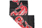 Black scarf with red totemic pattern on a white background