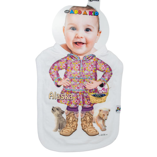Baby Bib in a floral outfit with 'Alaska' text and a baby bear and wolf graphics.
