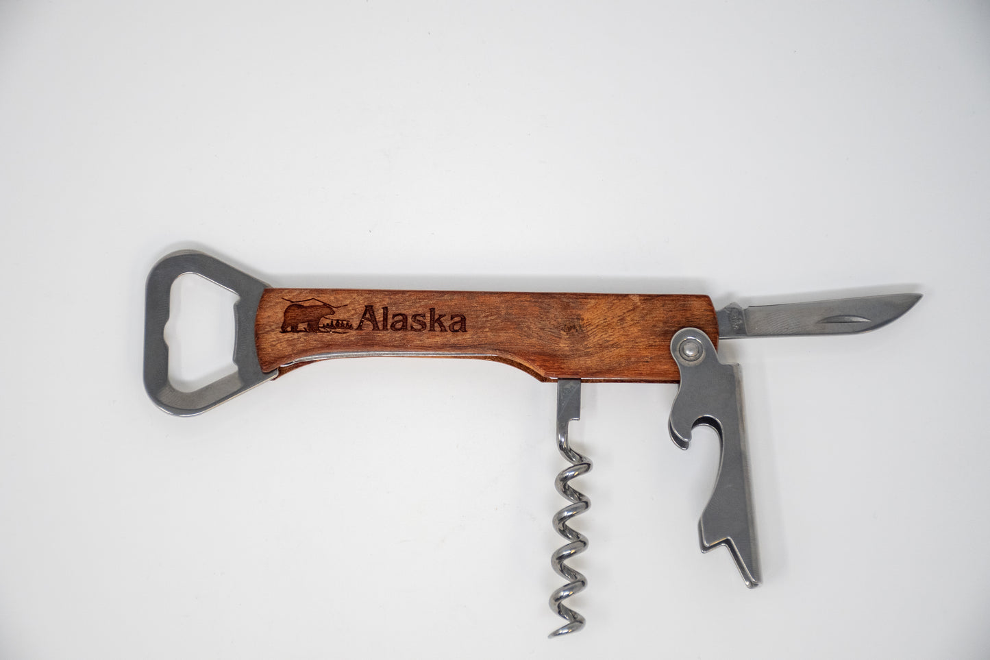 LASER ENGRAVED WOOD HANDLE WINE TOOL W/ BLACK BEAR