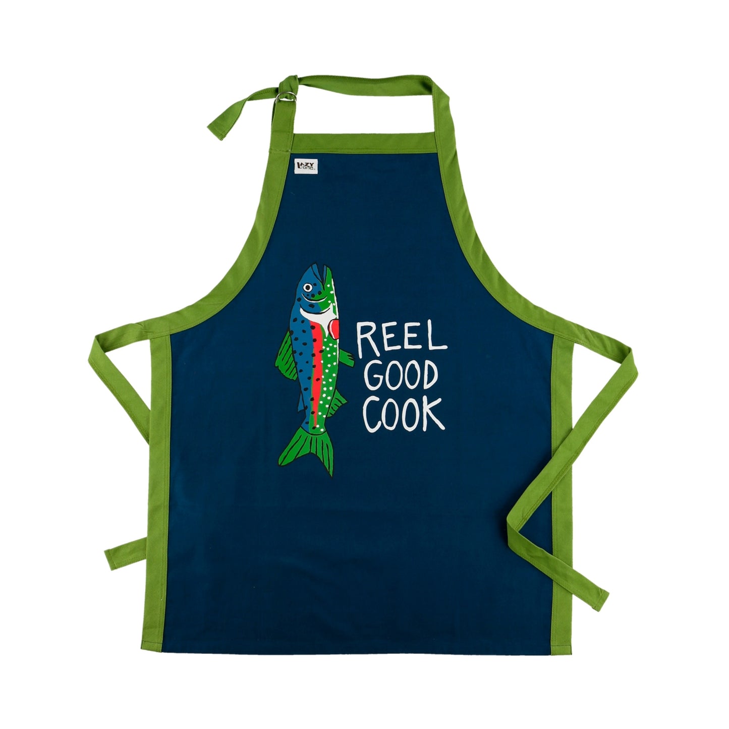 Navy apron with green trim featuring a fish illustration and 'Reel Good Cook' text 