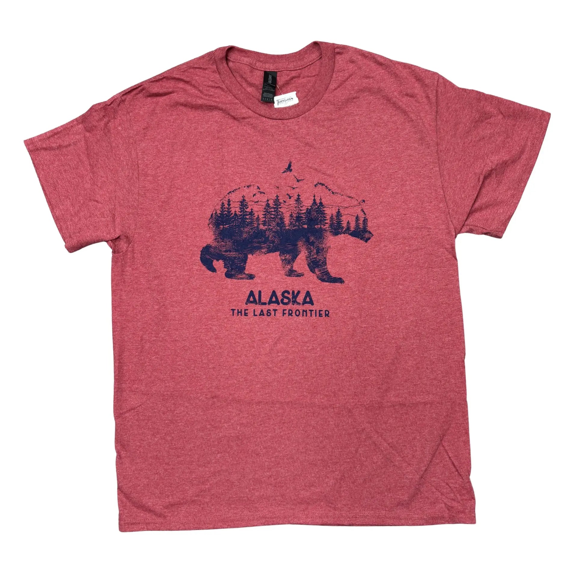 Red t-shirt with bear and forest graphic and 'Alaska The Last Frontier' text 
