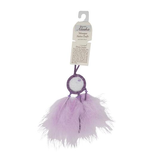 Purple feathered dream catcher with a label on a white background