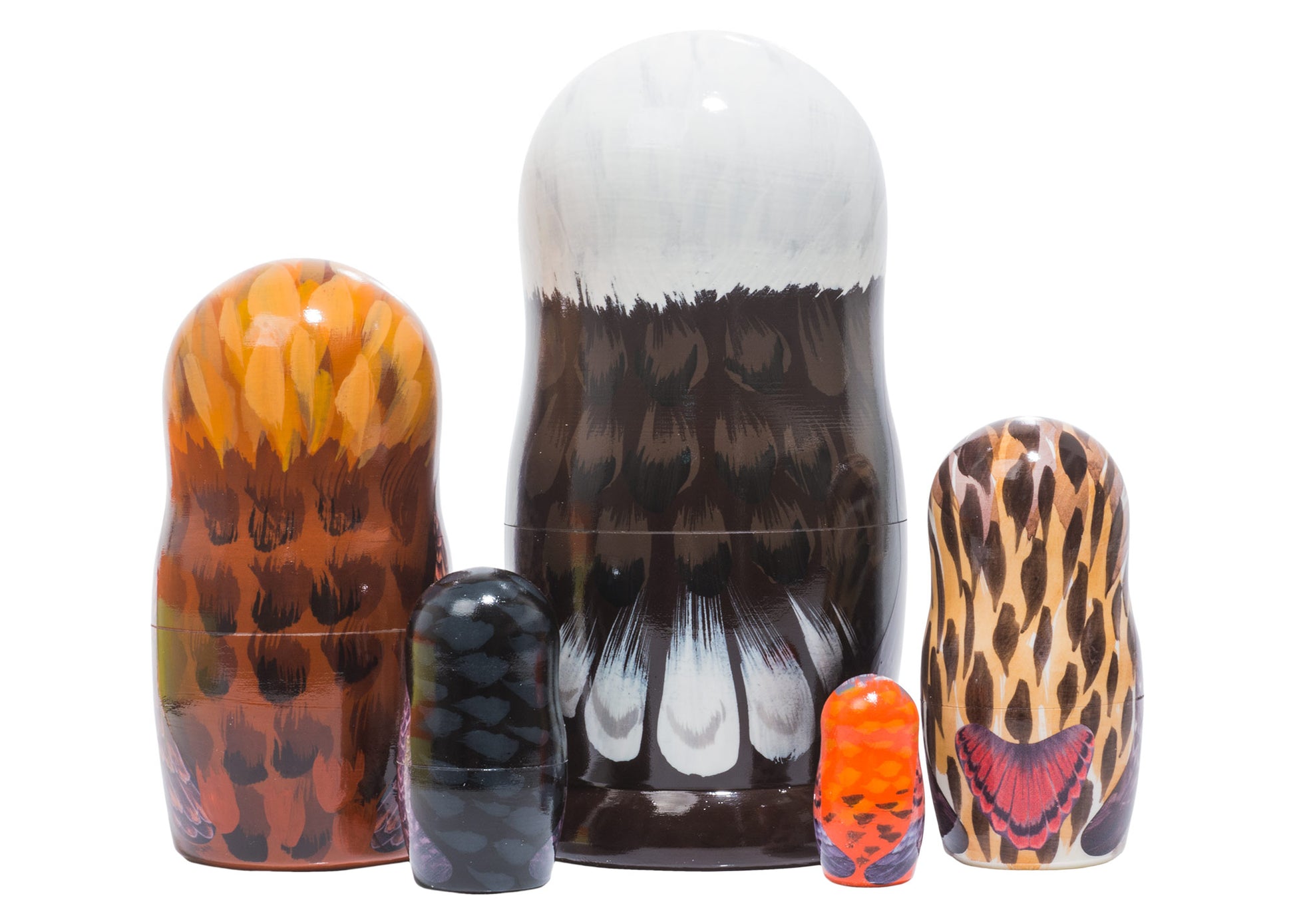 Back of a set of eagle nesting dolls with on a white background