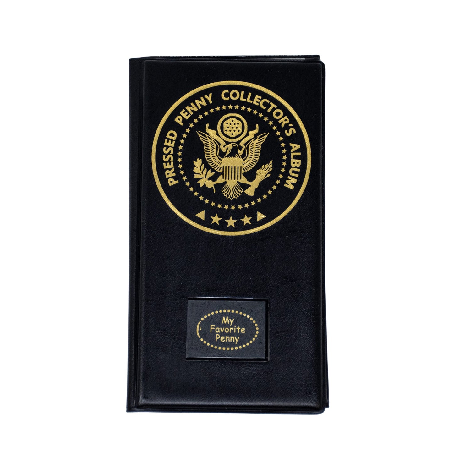 Black pressed penny collector's album with gold embossed design 