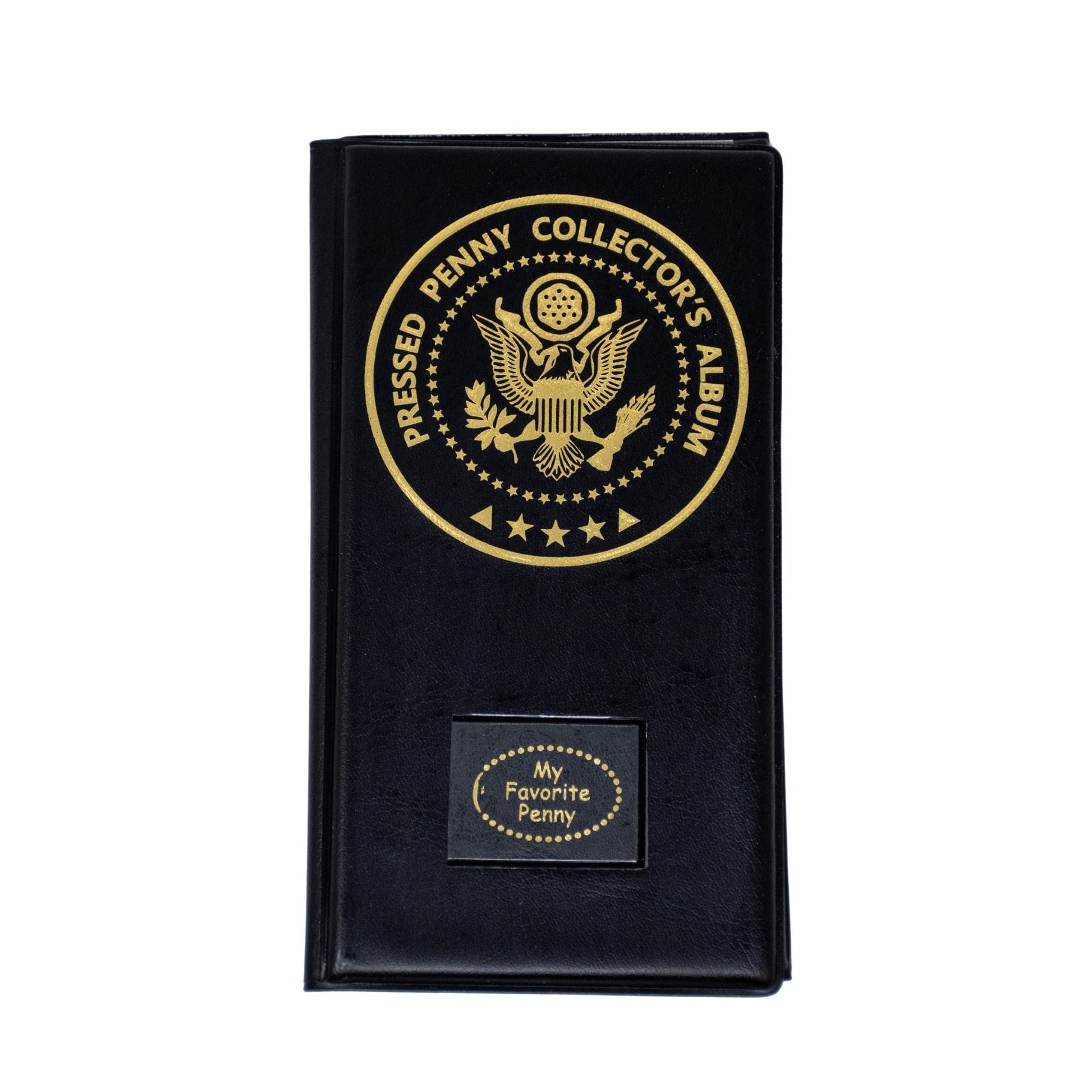 Black pressed penny collector's album with gold embossed design 