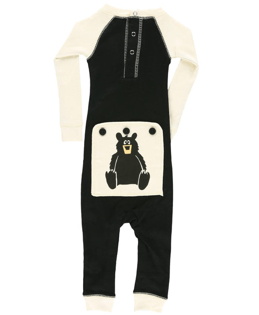 Black and white one piece with bear graphic on a white background