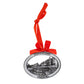 Silver ornament with a scenic design and red ribbon on a white background