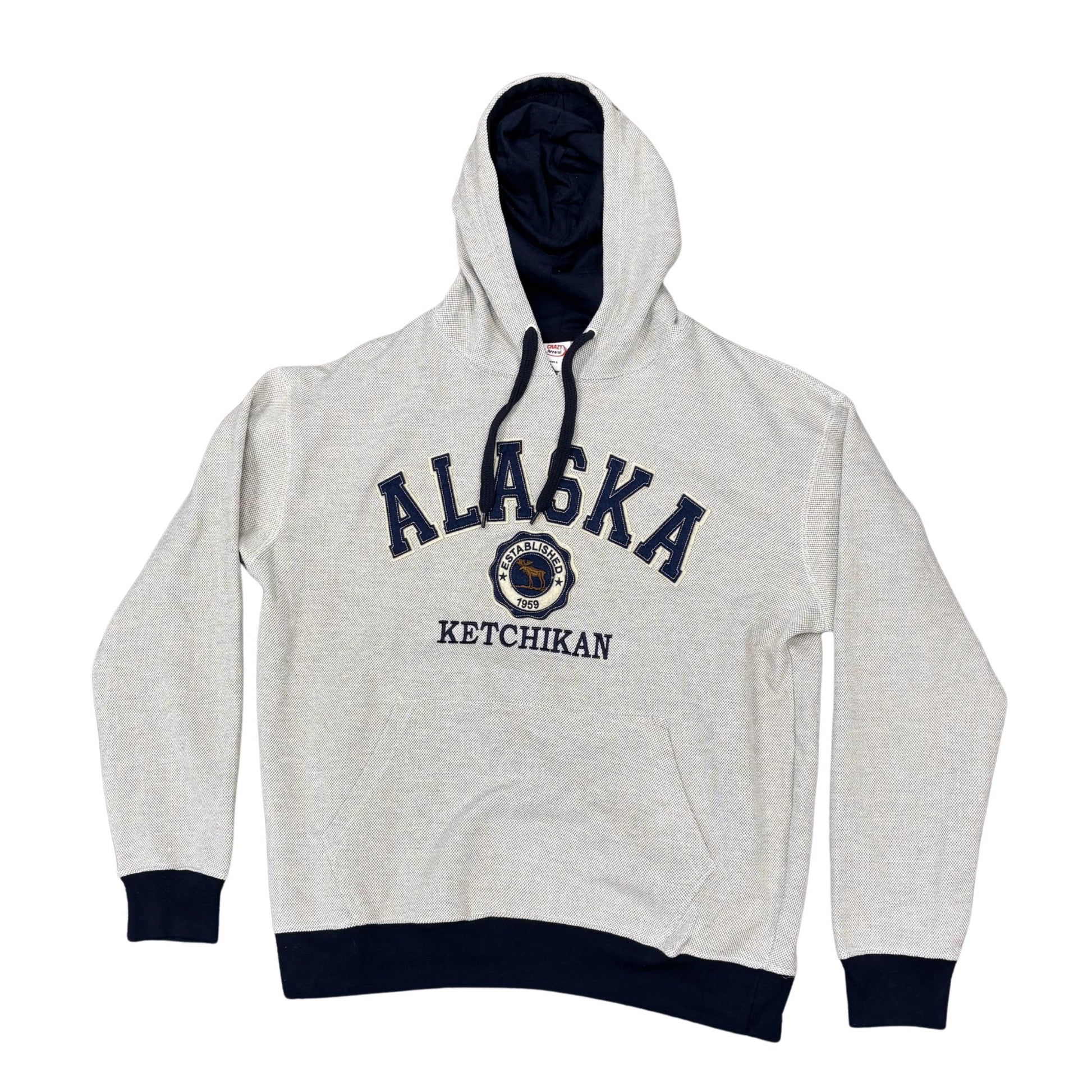 Gray hoodie with 'Alaska Ketchikan' text on a white background