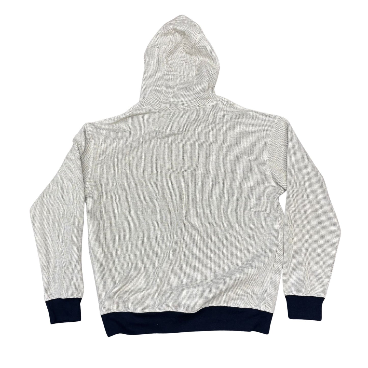 Gray hoodie with navy cuffs and hem on a white background