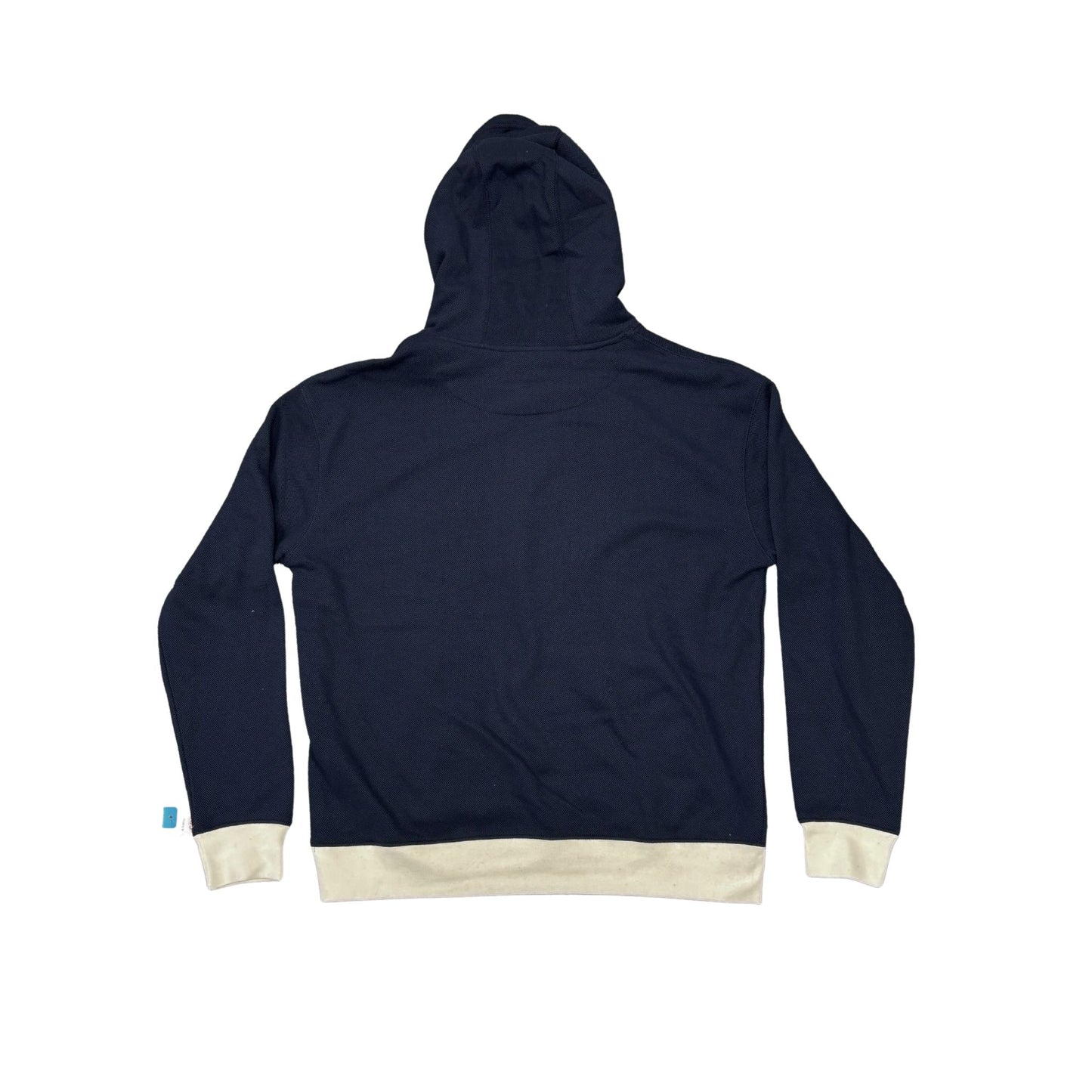Navy blue hoodie with white cuffs and hem on a white background