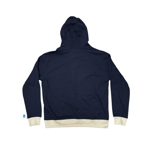 Navy blue hoodie with white cuffs and hem on a white background