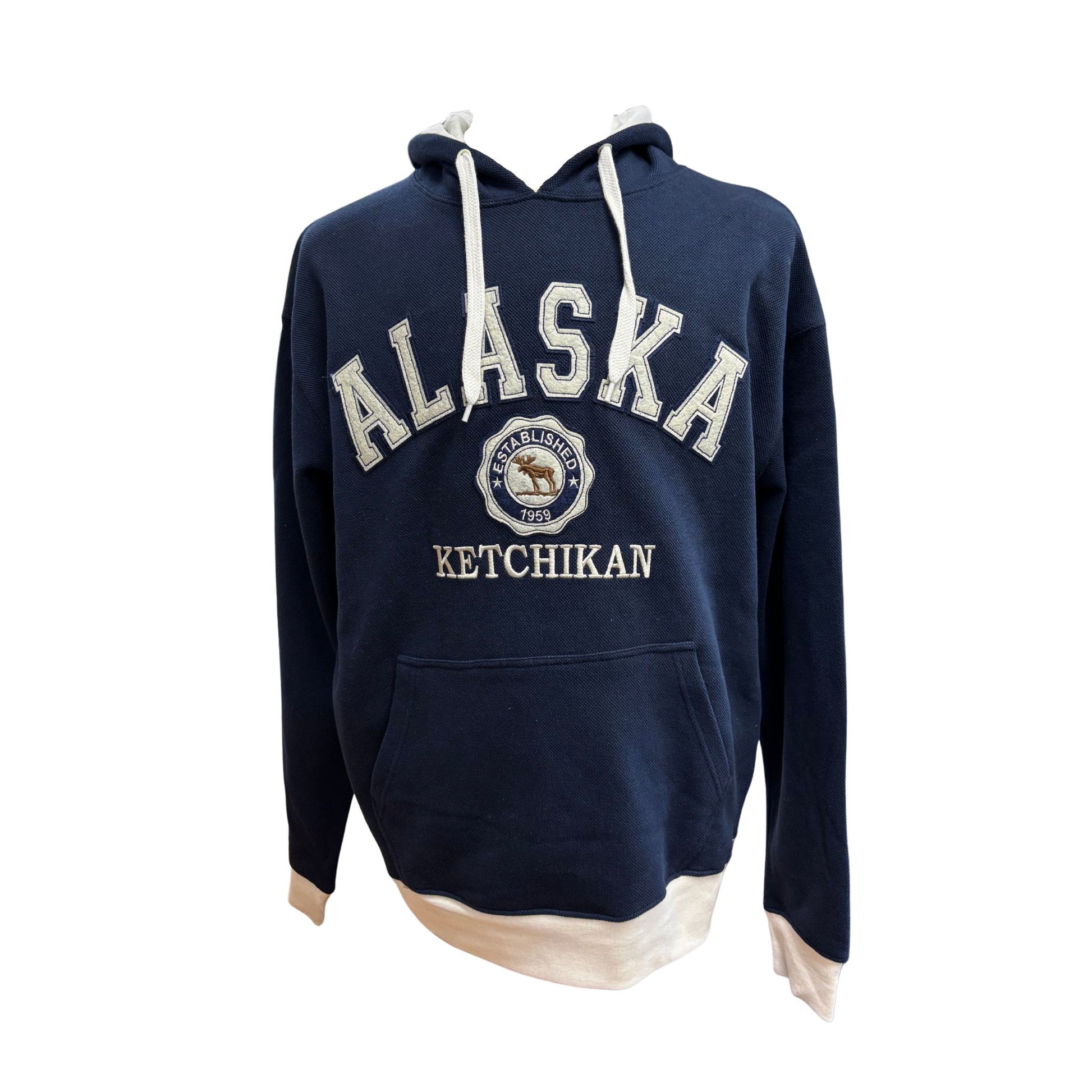 Navy blue hoodie with 'Alaska Ketchikan' text on a white background