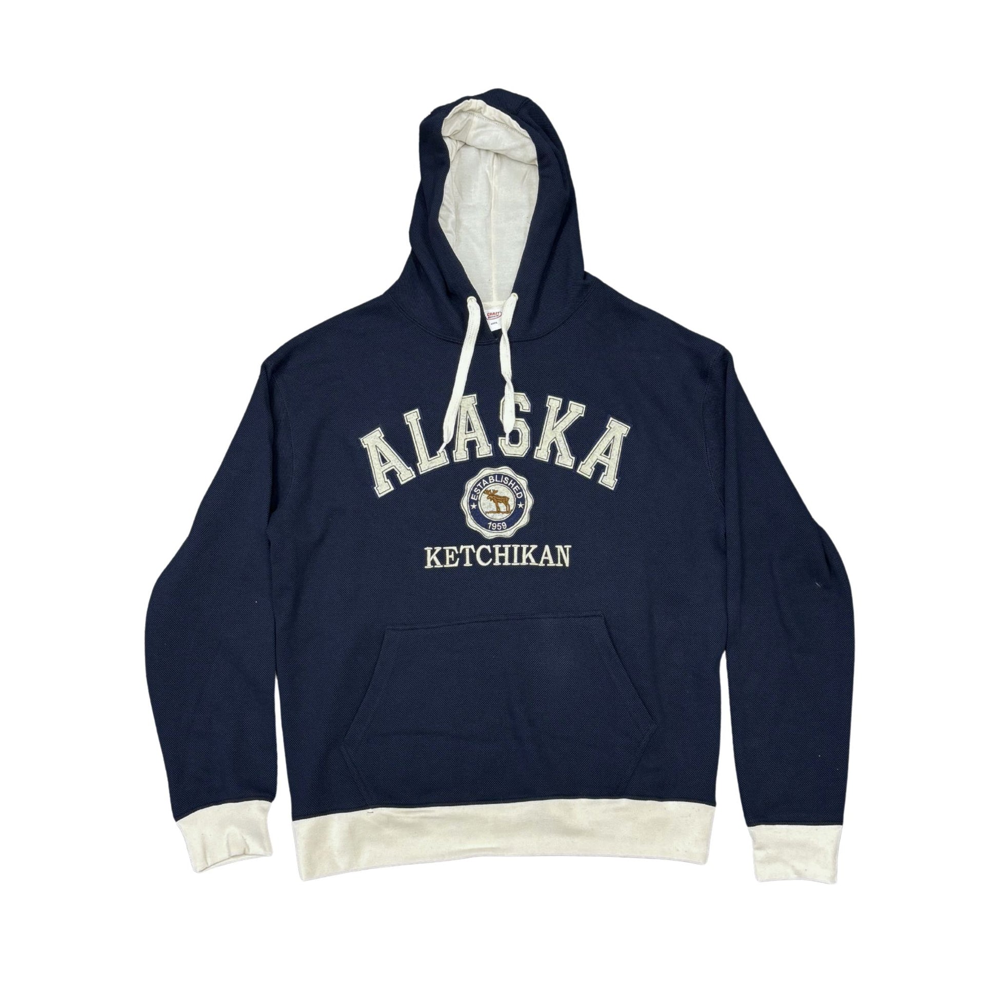 Navy blue hoodie with 'Alaska Ketchikan' text on a white background
