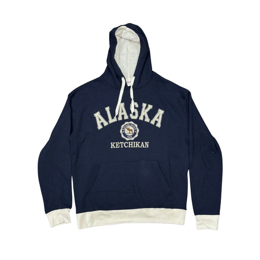 Navy blue hoodie with 'Alaska Ketchikan' text on a white background