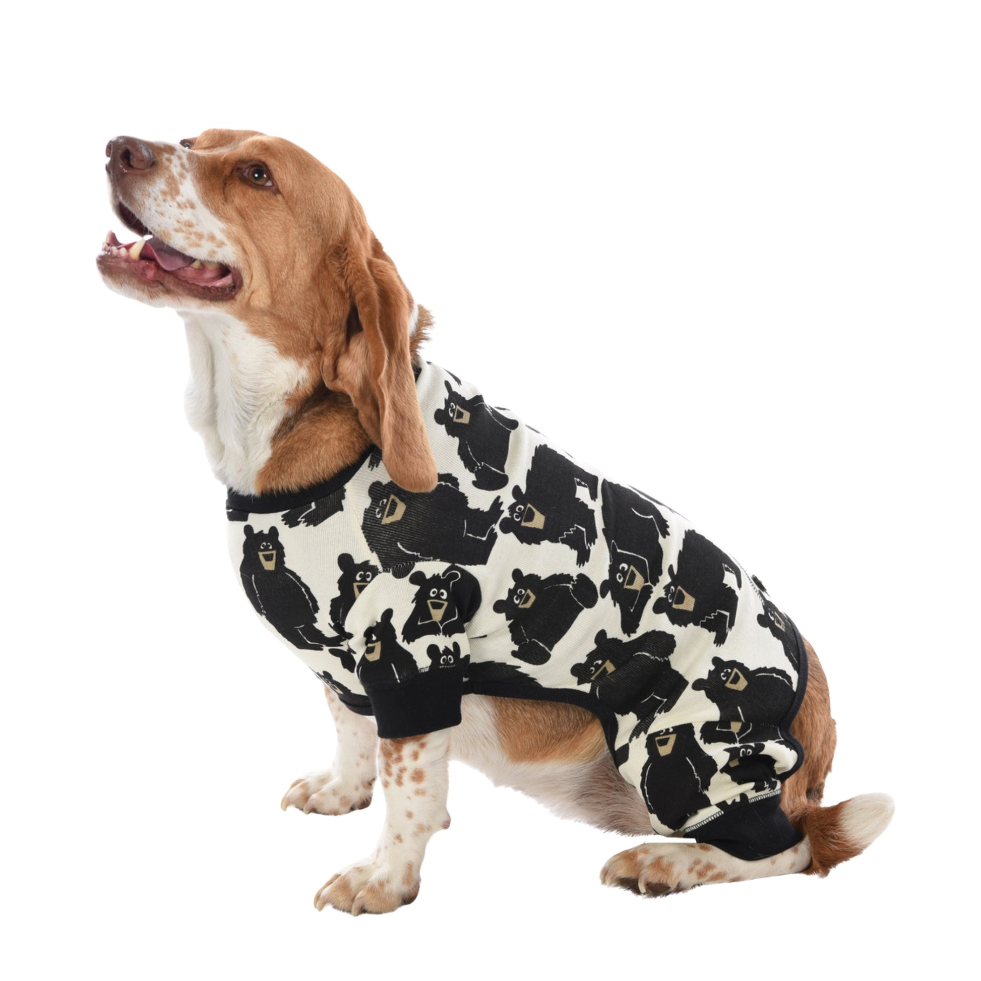 Dog wearing a black and white patterned one piece