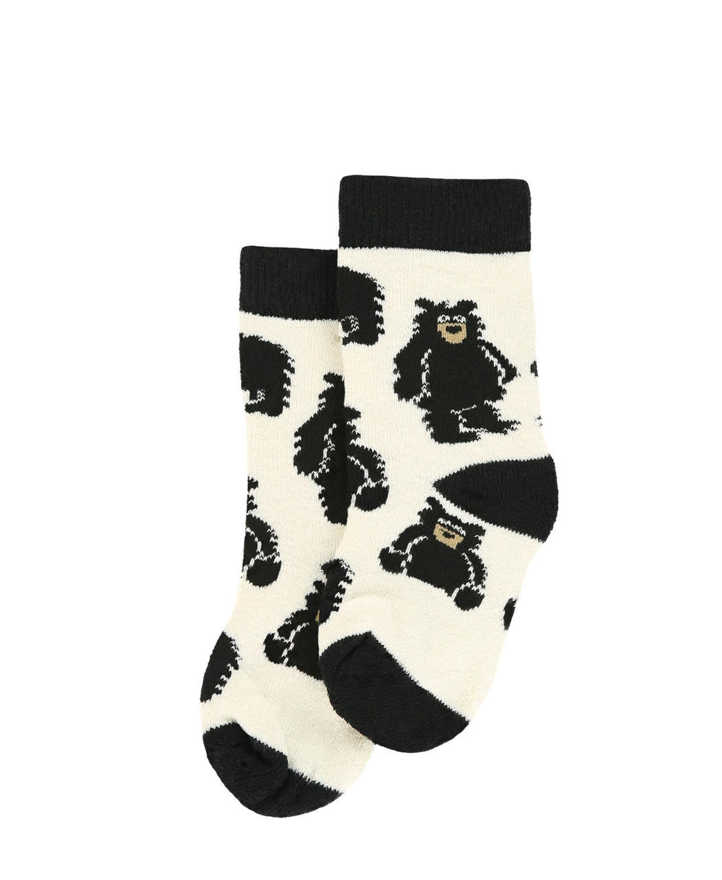 Pair of socks with black bear pattern on a white background